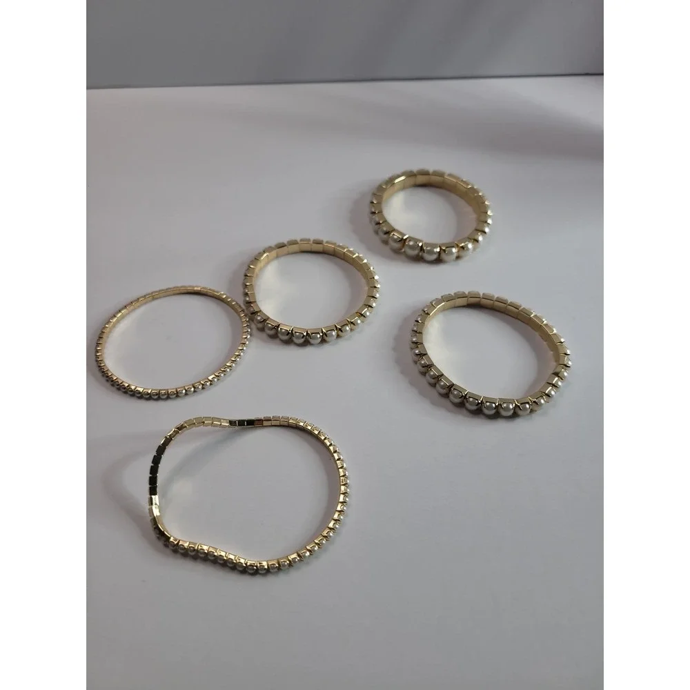 Lot of 5 Gold Tone White Beaded Stretch Bracelets Stackable Bundle